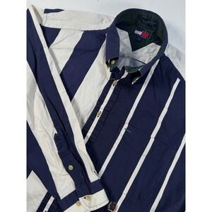 Vtg Tommy Hilfiger Men's LG Blue White Color Block Striped Button Up Shirt